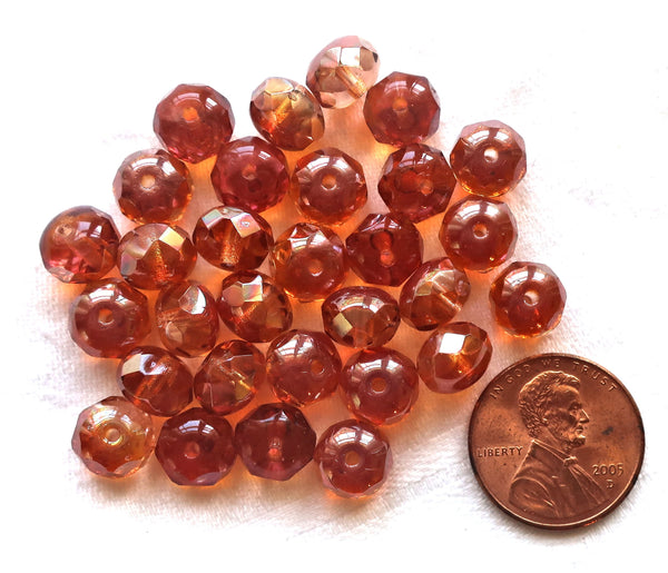 25 Czech glass puffy rondelles, 6 x 8mm transparent pink / apricot AB color mix, faceted puffy rondelle beads, sale price 50101 - Glorious Glass Beads