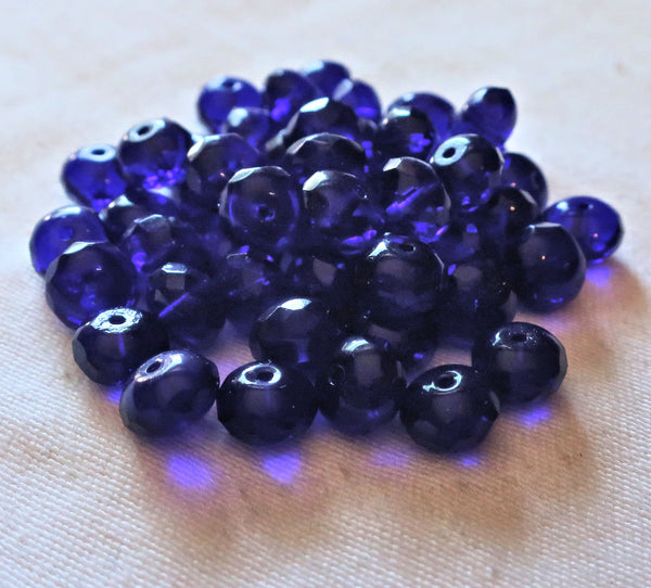 Lot of 25 6 x 9mm cobalt blue faceted puffy rondelle beads - transparent blue Czech glass rondelles C8625