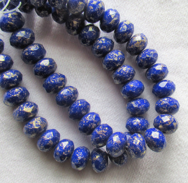 Lot of 25 Czech glass puffy rondelle beads - 8 x 6mm opaque royal blue with gold flecks - faceted rondelles C83301