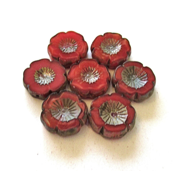 Five 16mm Czech glass flower beads - ,translucent red with a picasso finish - table cut, carved Hawaiian hibiscus beadsC00741