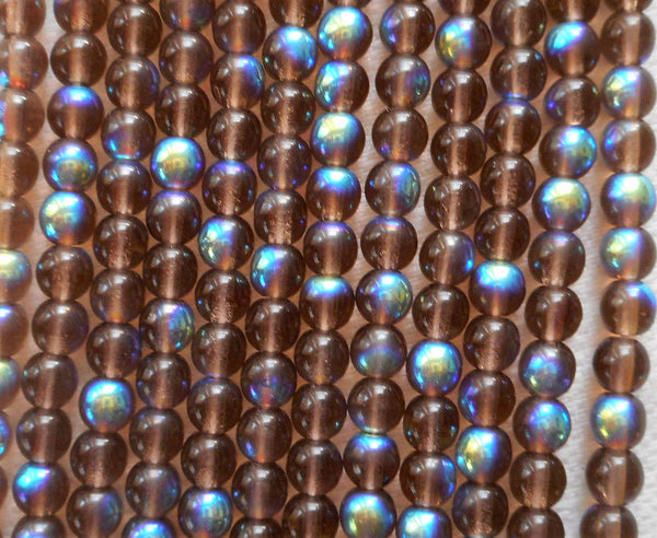 Lot of 100 4mm Smoky Topaz AB Czech glass druk beads, brown AB smooth round druks, C7601