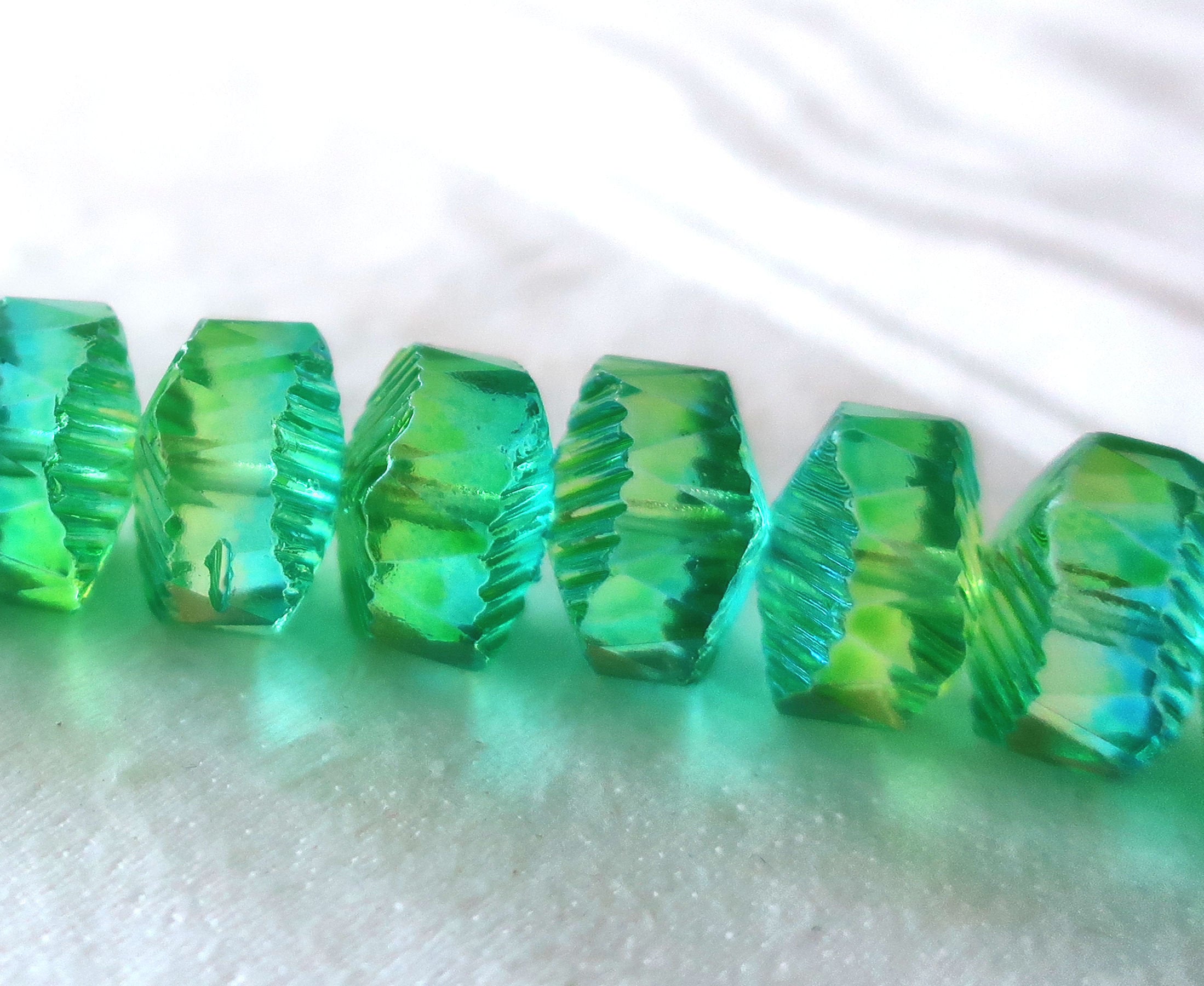 Six Czech glass faceted wavy rondelle beads, large 14 x 6mm aqua blue & lime green AB, chunky rondelles, C18101 - Glorious Glass Beads