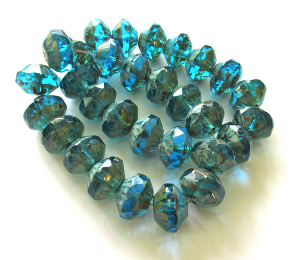 Five Czech large glass faceted rivoli saucer beads - 9 x 13mm aqua blue w/ picasso finish - chunky rustic earthy beads C00822