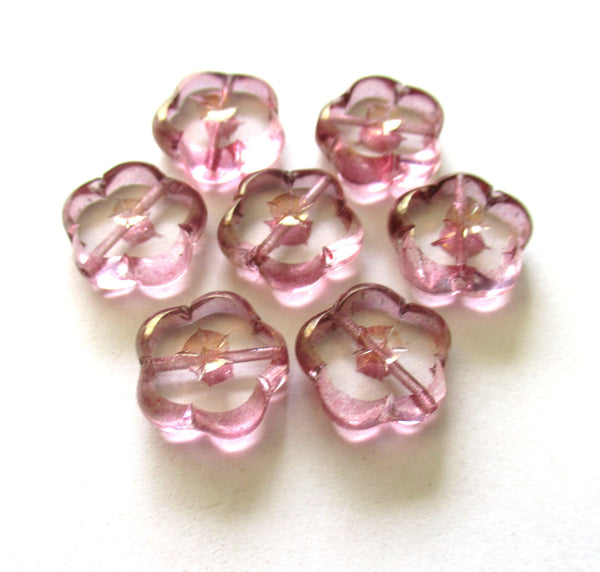 Lot of 6 Czech glass flower beads - 14mm table cut carved transparent crystal & light pink beads C00031