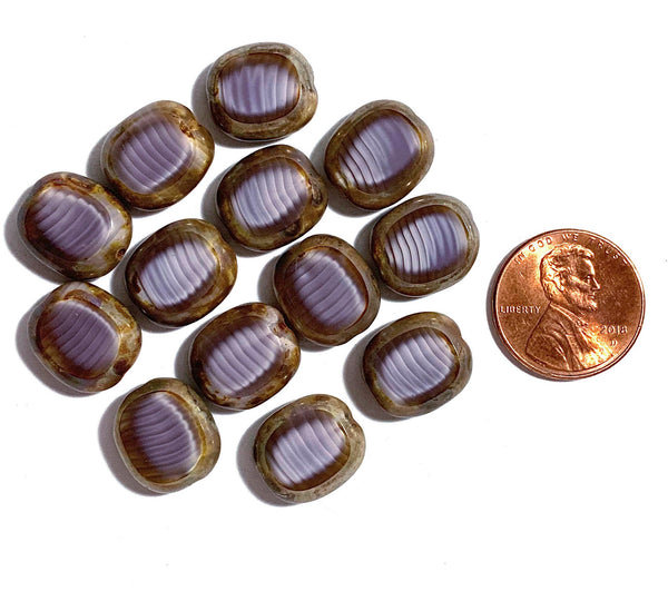 Six large silky oval Czech glass beads, 14 x 12mm amethyst purple marbled glass, flat table cut window beads with a picasso finish C0231