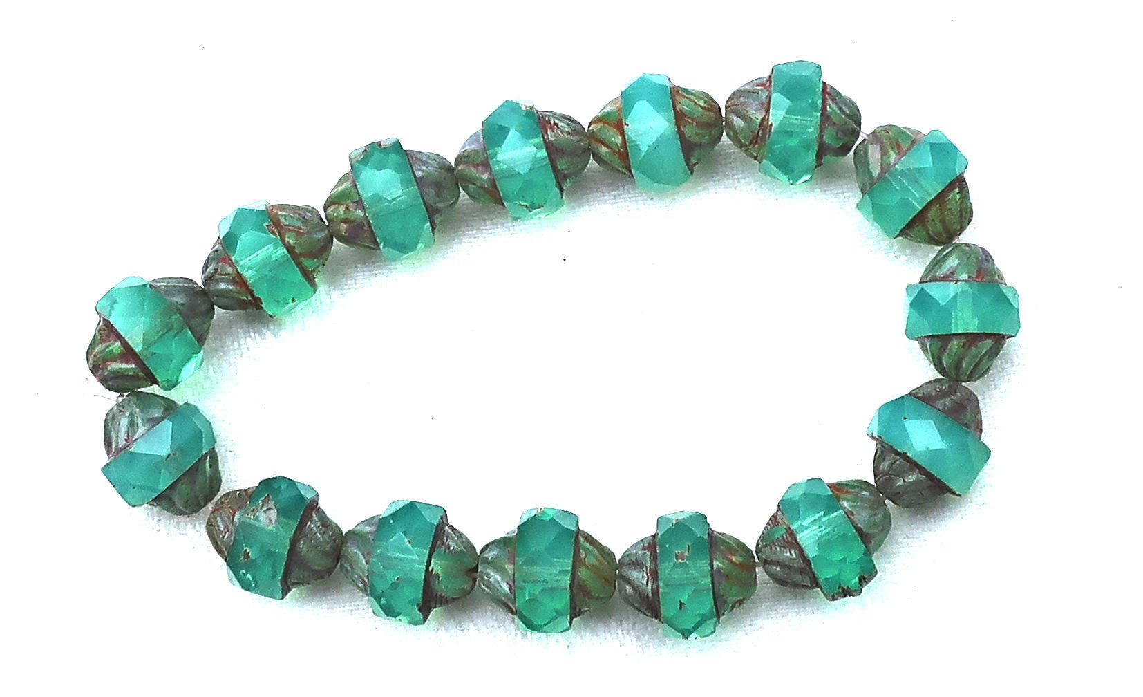 Five light teal Czech glass turbine beads. 11 x 10mm light slightly milky blue green faceted saucer beads with a Picasso finish C01101 - Glorious Glass Beads