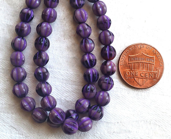 25 Czech glass melon beads, 6mm opaque purple, amethyst pressed glass beads C0901 - Glorious Glass Beads