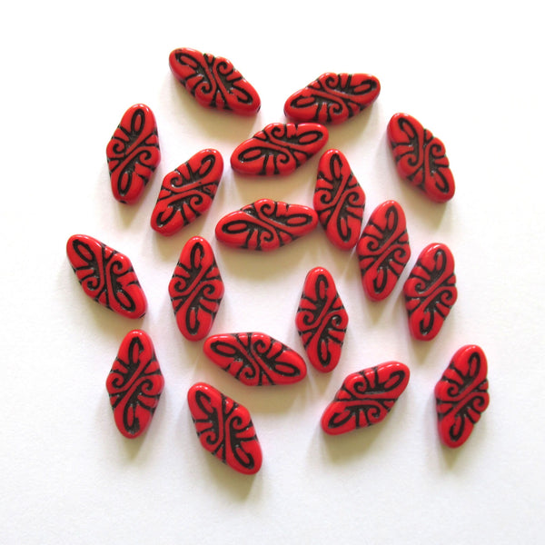 8 Czech glass arabesque beads - 9 x 19mm opaque red diamond shaped engraved beads with a black wash - C0058