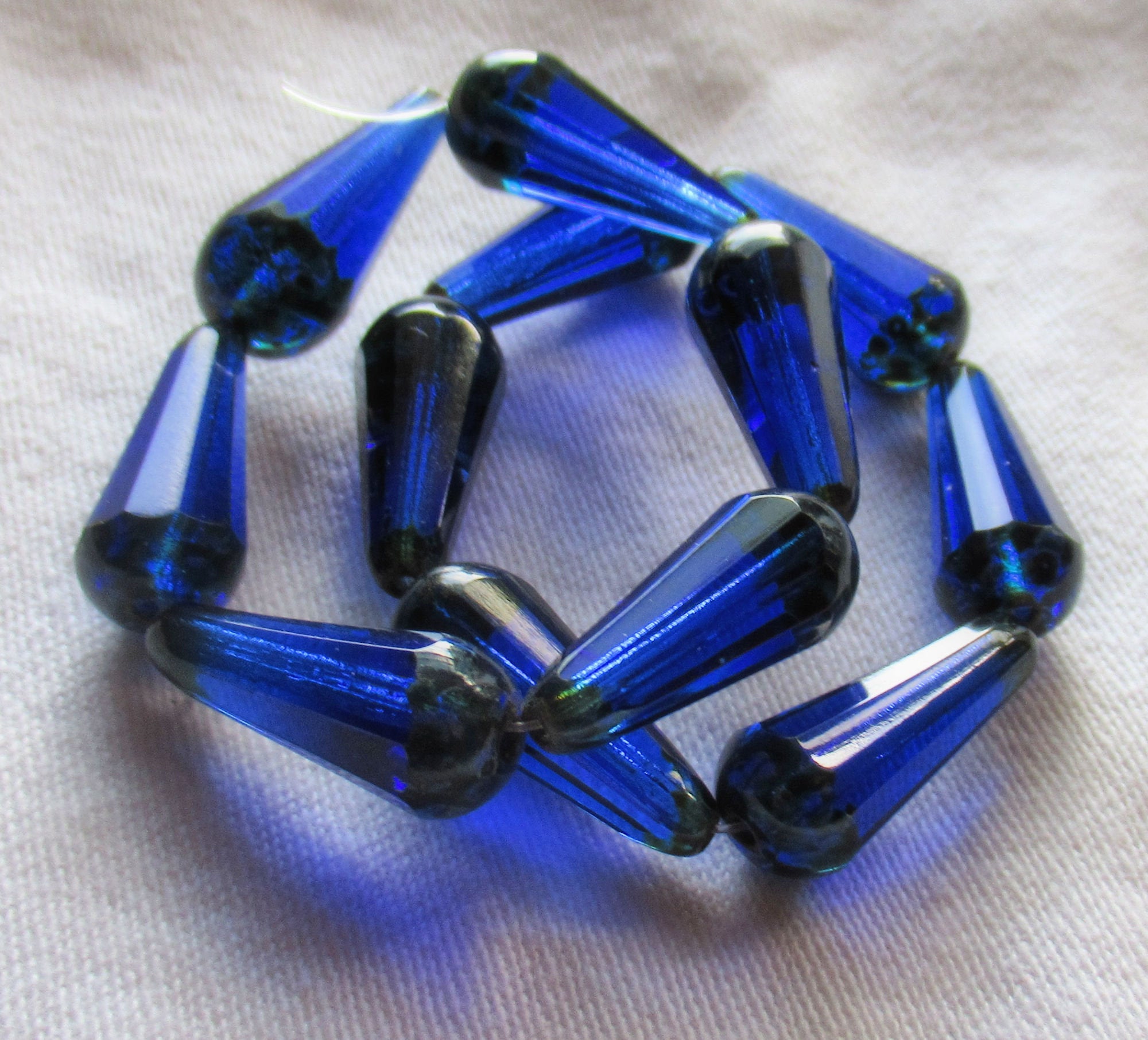 Six Czech glass long faceted teardrop beads - transparent sapphire blue w/ picasso finish on the ends - 9 x 20mm elongated tear drops 19106