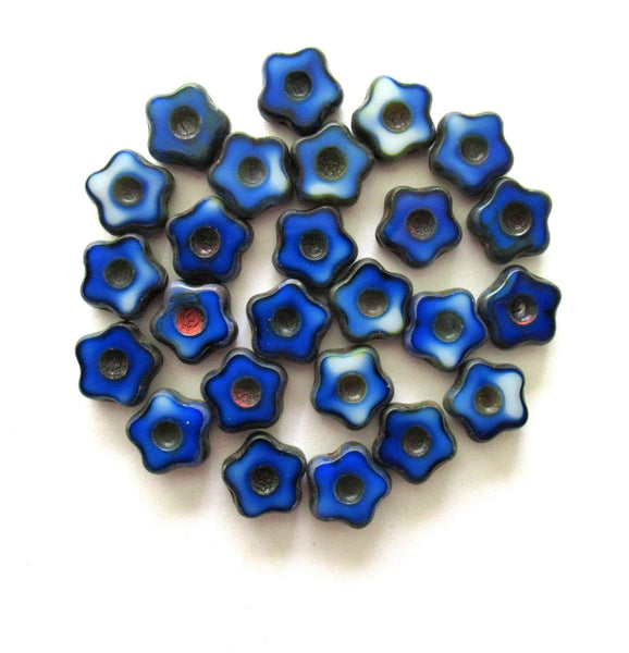 Lot of 10 Czech glass flower beads - 11mm opaque marbled blue and white table cut beads with red picasso accents - 00031