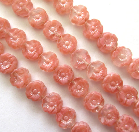 Lot of fifteen 8mm Czech glass flower beads - table cut, carved, pink & crystal marbled Hawaiian hibiscus flower beads - 00121