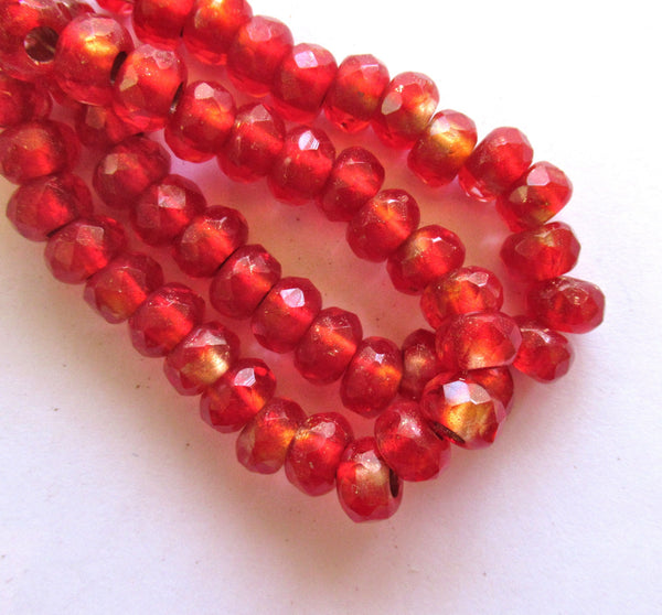 Ten Czech glass roller beads - 8.5 x 5mm siam red & crystal marbled gold lined, faceted roller, rondelle, big 3.5mm hole beads C0087