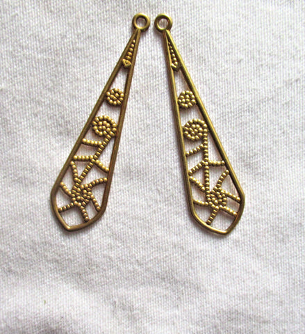 2 raw brass stampings pair- ornate Vintage filigree earrings or charms with ring - 50mm x 12.5mm - USA made C2502
