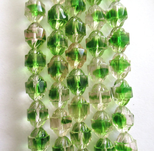 Ten Czech glass turbine beads - 10 x 8mm green & champagne mix faceted fire polished beads C00002