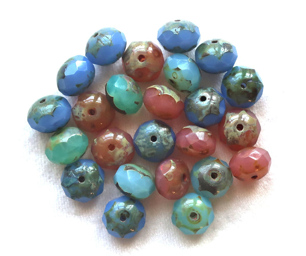 25 Czech glass faceted puffy rondelles, 6 x 8mm translucent pink. blue & aqua picasso color assortment, sale price rondelle beads, 51101 - Glorious Glass Beads