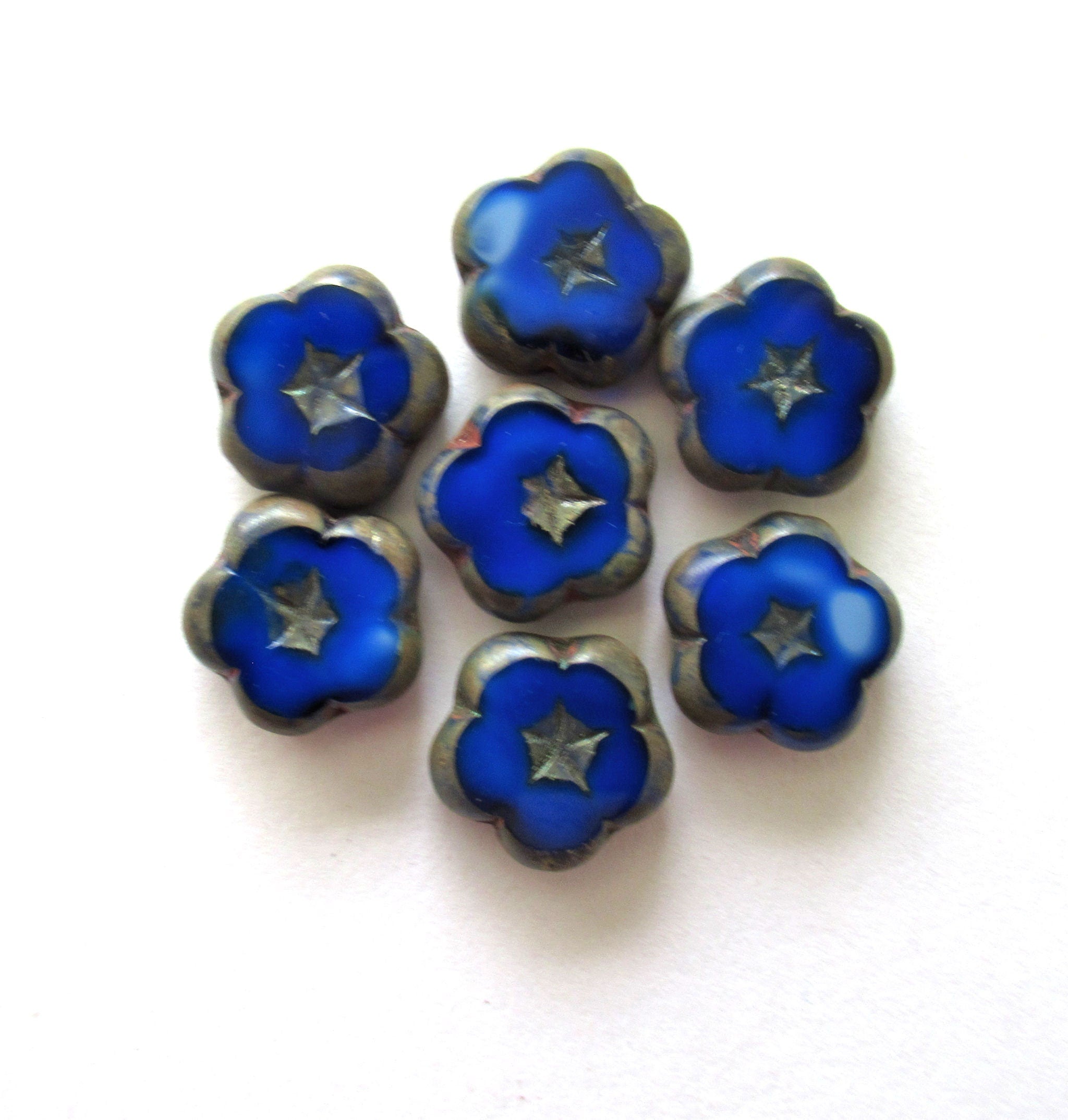 Lot of six 14mm Czech glass flower beads - table cut, carved opaque blue and white marbled glass with silvery picasso accents C000311