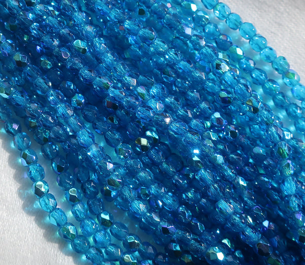 Lot of 50 3 mm Capri Blue AB Czech glass beads, faceted round firepolished beads C7401