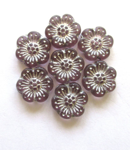 Ten Czech glass wild rose flower beads - 14mm transparent light purple, amethyst floral beads with a silver wash C00501