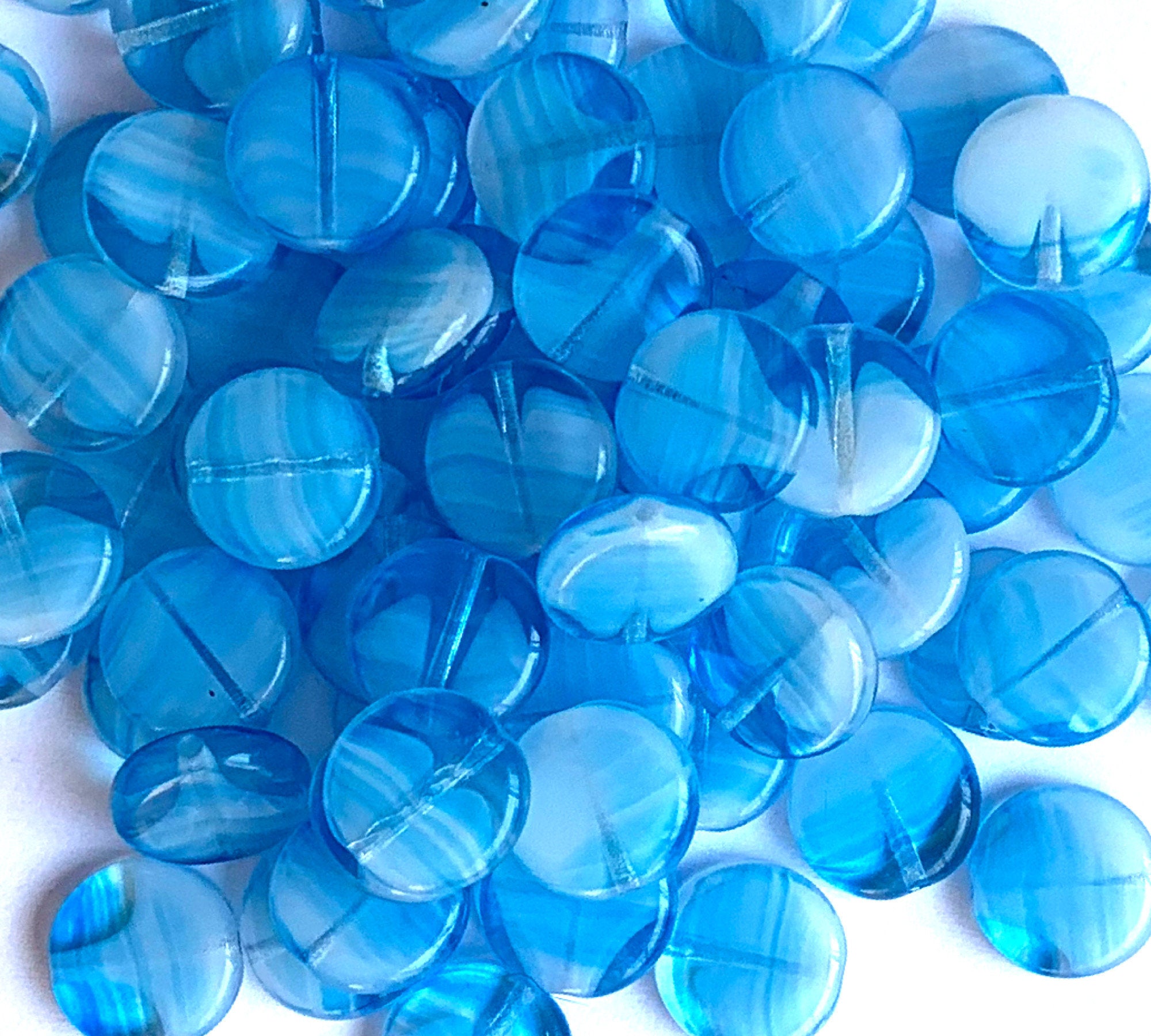 15 Czech glass coin beads - 10mm aqua blue marbled, milky, striped disc beads C0057
