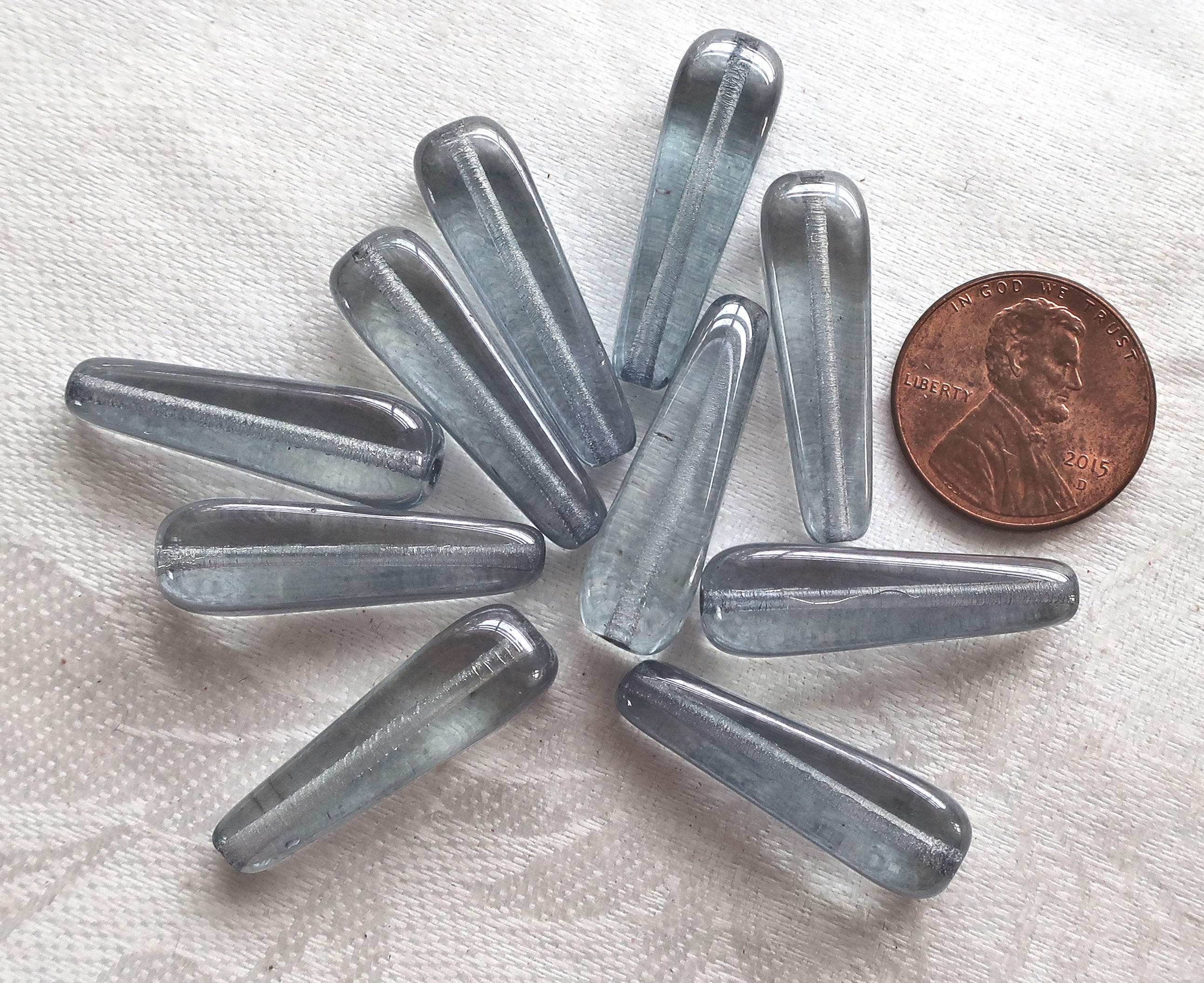 Lot of six 27 x 10mm Lumi Blue squared long teardrop beads, pressed large Czech glass elongated tear drops, C4401 - Glorious Glass Beads