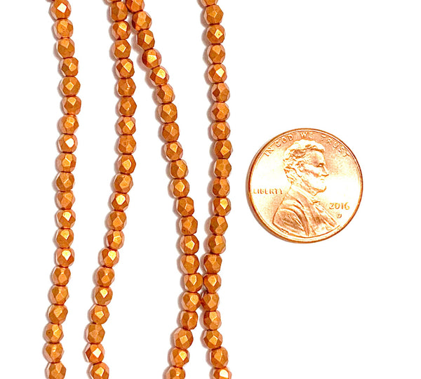 Lot of 50 3mm saturated metallic russet orange Czech glass beads, round, faceted fire polished beads C0023