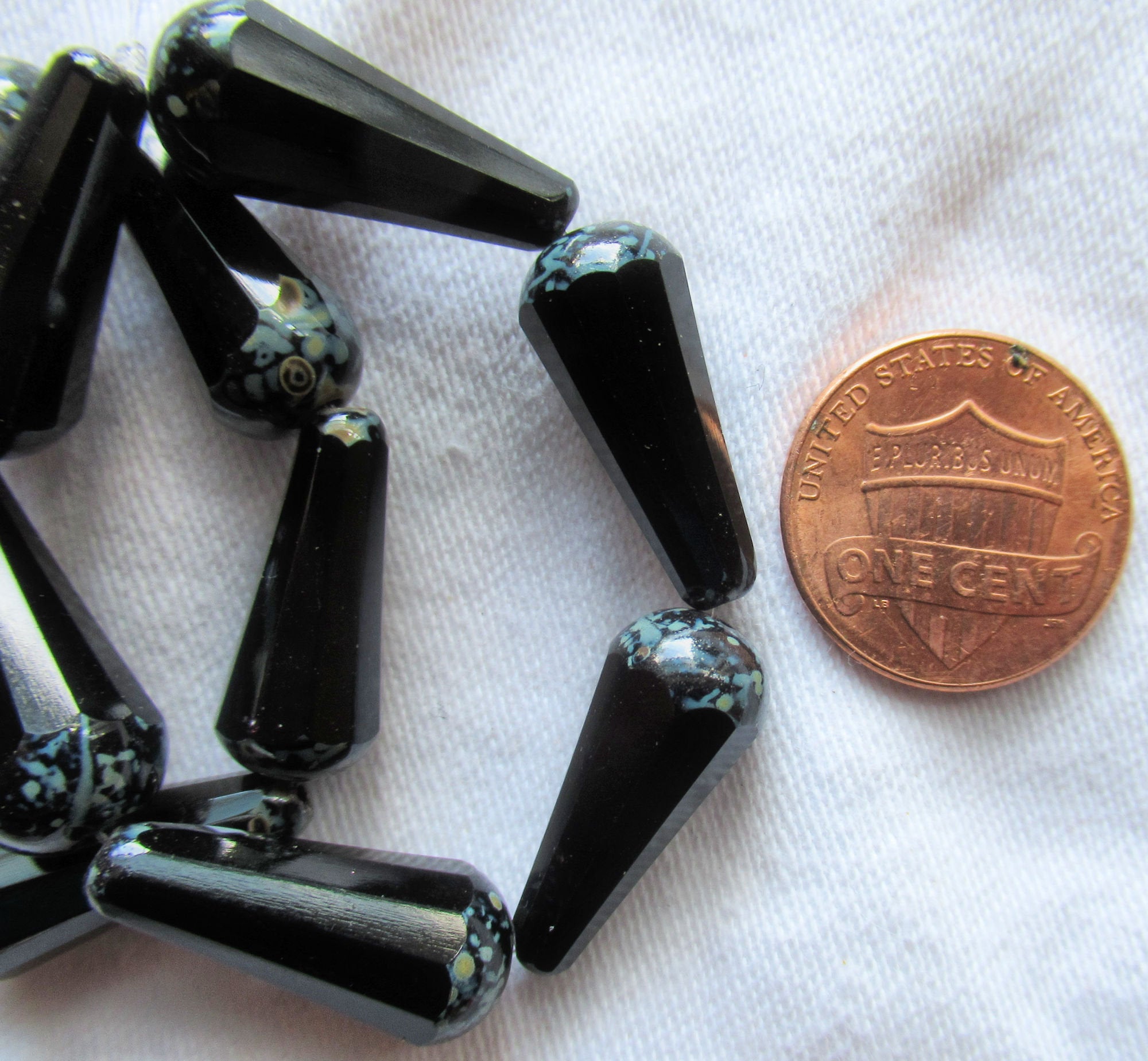 Six Czech glass long faceted teardrop beads - opaque jet black w/ picasso finish on the ends - 9 x 20mm elongated tear drops 19106
