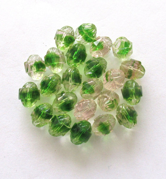 Ten Czech glass turbine beads - 10 x 8mm green & champagne mix faceted fire polished beads C00002