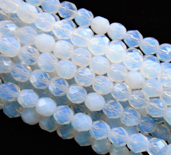Lot of 25 6mm Milky White Czech glass beads, round firepoliched faceted white beads, C6401