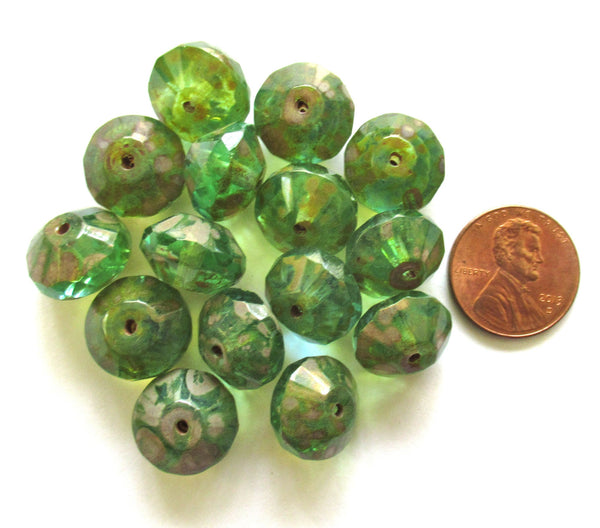 Five Czech large glass faceted rivoli saucer beads - 9 x 13mm peridot green w/ picasso finish - chunky rustic earthy beads C00822