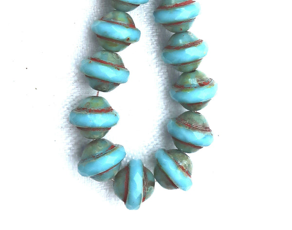 Ten Czech glass saturn beads, 8x10mm opaque robin's egg, sky, powder blue picasso saucer beads, faceted 8 x 10mm beads C04121 - Glorious Glass Beads