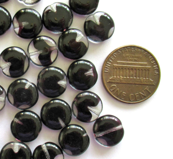 20 Czech glass coin beads - 10mm jet black & crystal disc beads C0055