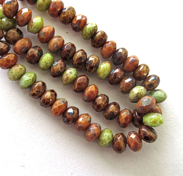 30 small Czech glass puffy rondelle beads - coral pink, green & brown picasso color mix - 3mm x 5mm rustic earthy faceted rondelles 00131