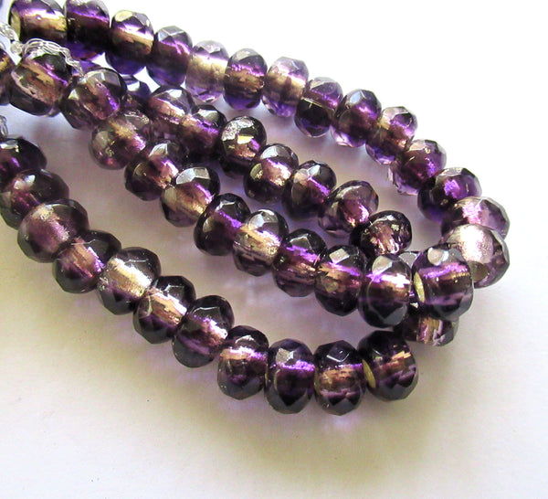 Ten Czech glass roller beads - 8.5 x 5mm tanzanite purple silver lined, faceted roller, rondelle, big 3.5mm hole beads C00621