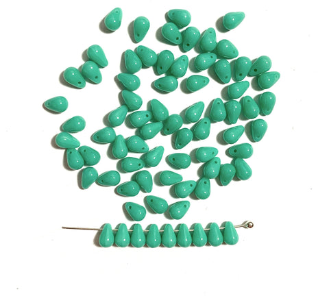 Fifty Czech glass teardrop beads - 6 x 4mm opaque turquoise green drop or pear beads - C0094