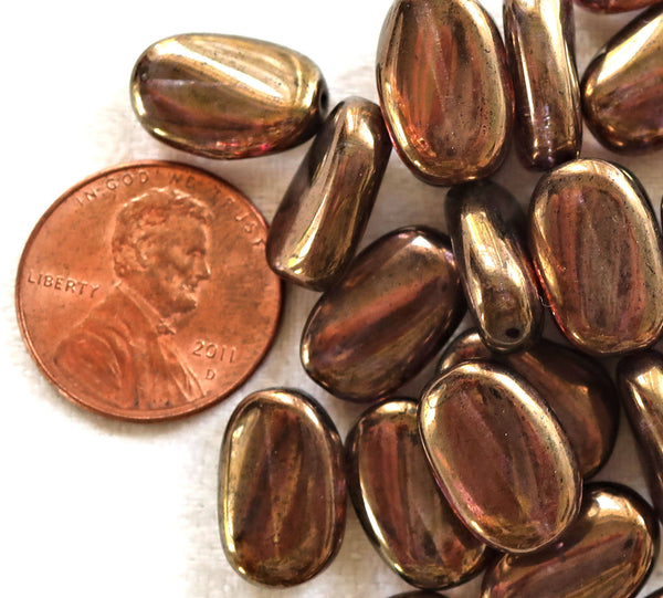 Lot of 25 Lumi Brown slightly twisted oval Czech Glass beads, 14mm x 8mm pressed glass beads C36125 - Glorious Glass Beads