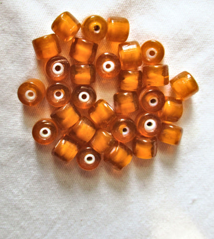 25 Bright Orange glass cylinder beads with white hearts - approx 7 x 8mm with 1.5mm hole - Made in India, C8501