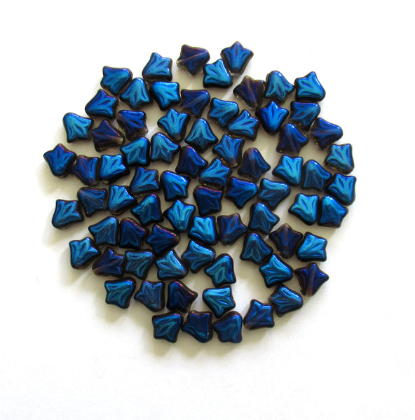 Lot of 25 8.5mm Czech glass flower beads - blue metallic pressed glass lily flower beads C0088