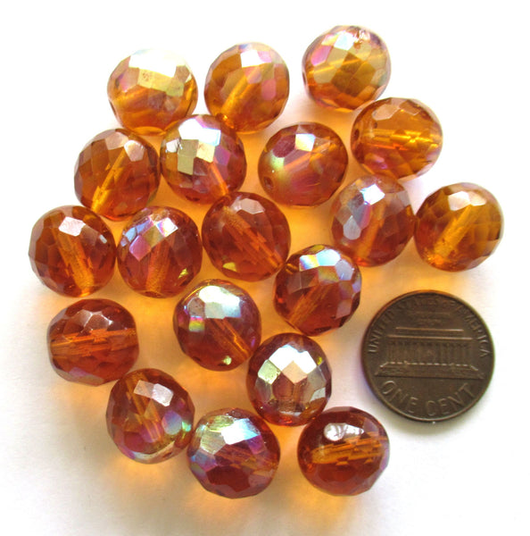 Ten Czech glass fire polished faceted round beads - 12mm topaz brown beads with an ab finish C0087