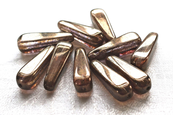 Lot of six 27 x 10mm Lumi Brown squared long teardrop Czech glass beads, pressed glass tear drops C7601 - Glorious Glass Beads