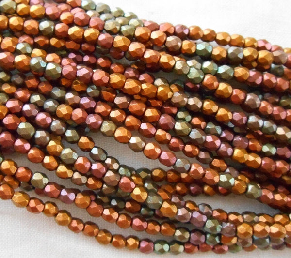 50 3mm Matte Metallic Bronze Iris Czech glass beads, firepolished, faceted round beads in gold tones, C1550