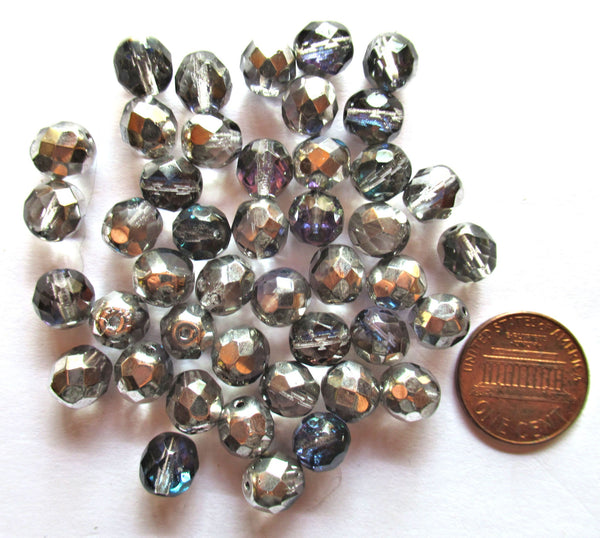 25 8mm Czech glass heliotrope beads - faceted fire polished round crystal, silver and lilac beads C0086