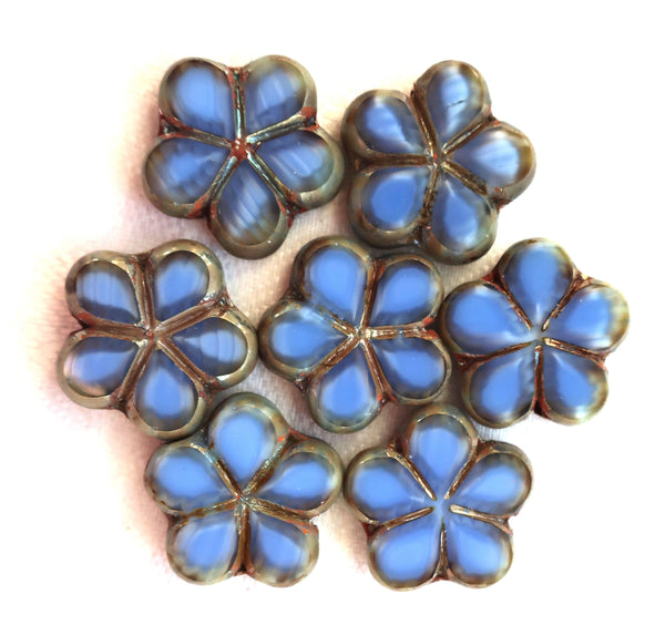 Lot of five 17mm table cut, carved,opaque, marbled denim blue with silver picasso accents, Czech glass flower beads C51105 - Glorious Glass Beads