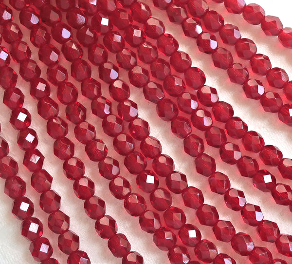 Lot of 25 6mm ruby red AB Czech glass beads, firepolished, faceted round beads, C3525