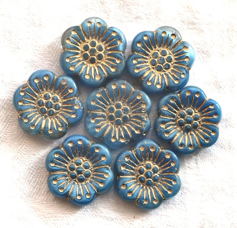 Lot of 4 large Czech pressed glass flower beads, 18mm opaque light sapphire blue with gold accents both sides, 52101