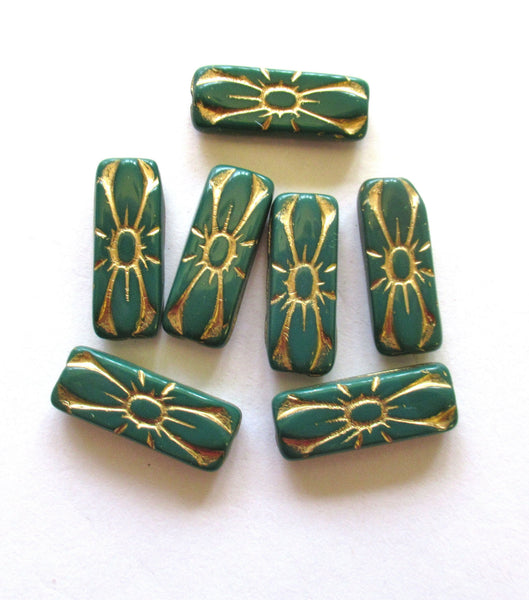Five 20 x 8mm opaque green and gold rectangular flower tube beads - Czech glass rectangle bead C0082