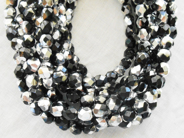 Lot of 25 6mm multicolored jet black and silver Czech glass beads, firepolished, faceted round beads C2425