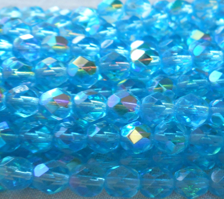 25 6mm Aqua, Aquamarine, blue AB Czech glass beads, faceted fire polished round beads C8401