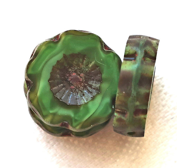 Six 14mm table cut, carved, opaque marbled forest green satin picasso Czech glass beads; Hawaiian Flower beads C9806 - Glorious Glass Beads