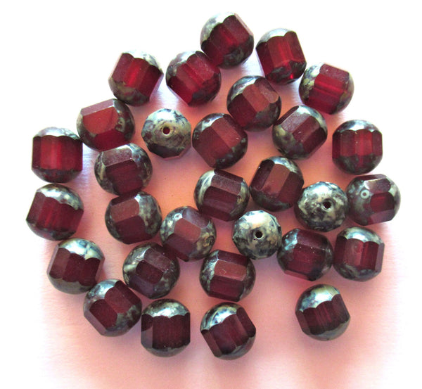 Ten Czech glass faceted cathedral or barrel beads six sides - 10mm fire polished garnet red beads with picasso finish on the ends C0018