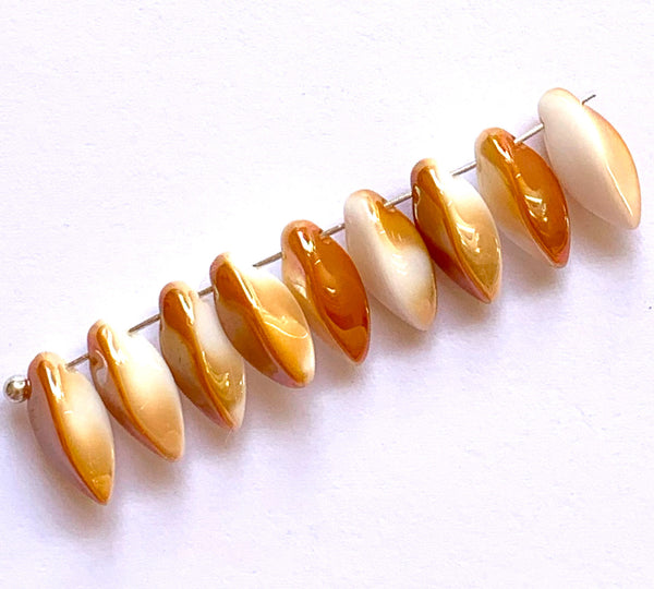 20 Czech glass twisted teardrop, petal or dagger beads - top drilled 6 x 12mm apricot white mix pressed glass beads C0201